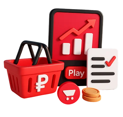 Розничная торговля: корзина с рублём, график продаж и чек-лист