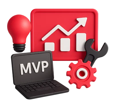 Запуск MVP: ноутбук, лампочка идеи, график роста и шестерёнка