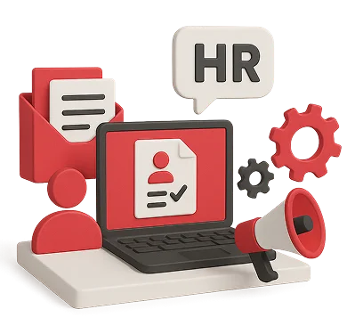 HR: ноутбук с анкетой кандидата, облако HR и мегафон