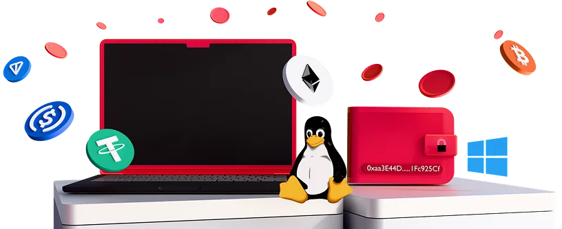 3D-иллюстрация: ноутбук с криптокошельком, пингвин Linux и логотип Windows среди монет