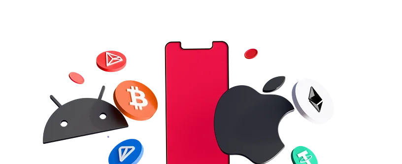 3D-иллюстрация: смартфон с логотипами Android и Apple среди криптомонет