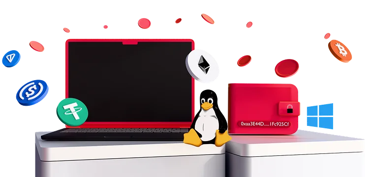 3D-иллюстрация: ноутбук с криптокошельком, пингвин Linux и логотип Windows