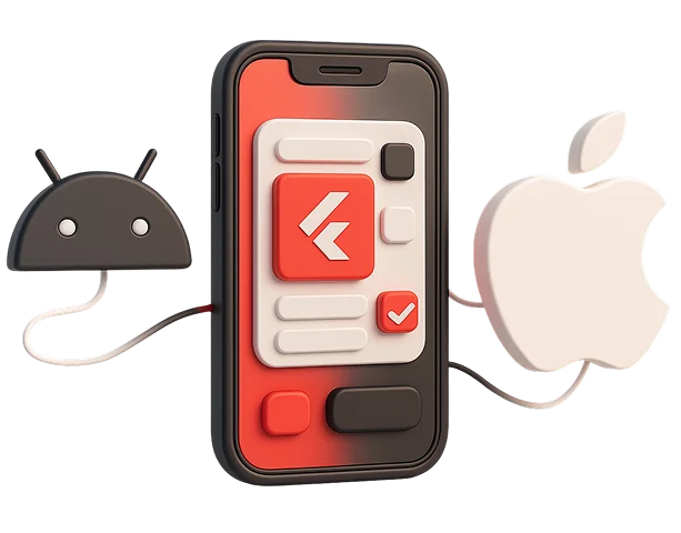 Иллюстрация к кроссплатформенной разработке: смартфон с логотипом Flutter между Android и Apple