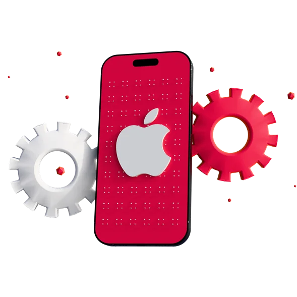 Иллюстрация к разработке приложений для iOS: смартфон с логотипом Apple и шестерёнки