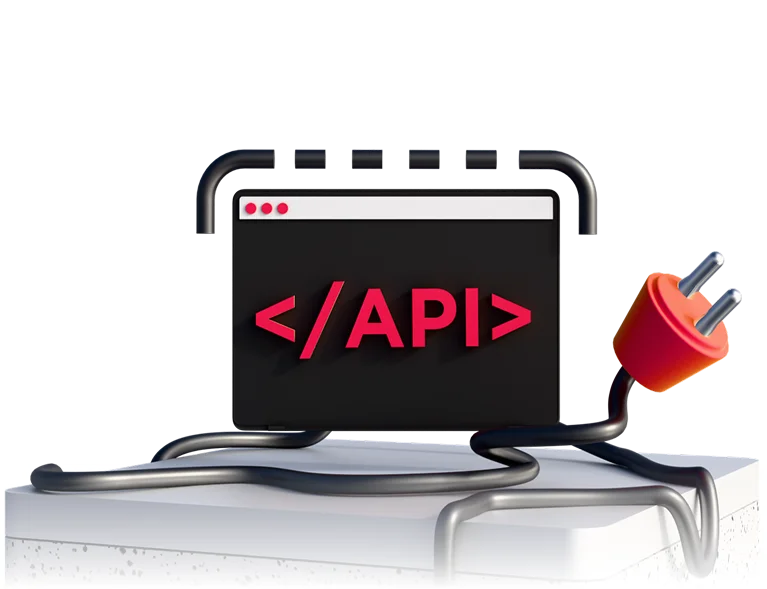 Иллюстрация к разработке API: окно с надписью API и подключённый кабель