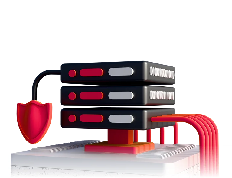 Иллюстрация к backend-разработке: стойка серверов и щит защиты