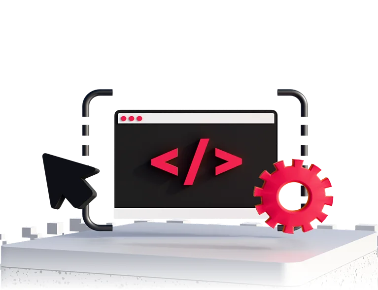 Иллюстрация к frontend-разработке: окно браузера с тегом кода, курсор и шестерёнка
