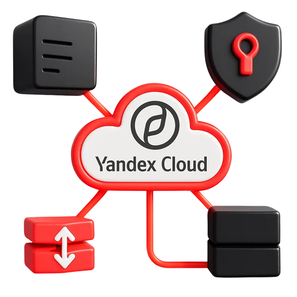 Иллюстрация к настройке Яндекс Облака: облако Yandex Cloud, замок и блоки данных