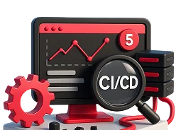 Иллюстрация к настройке CI/CD: монитор с графиком, лупа и шестерёнка