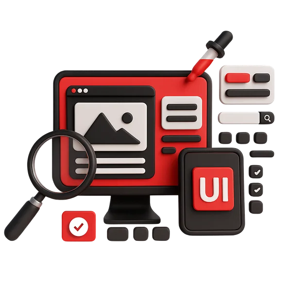 Иллюстрация к UI/UX-дизайну: макет интерфейса, лупа и элементы интерфейса