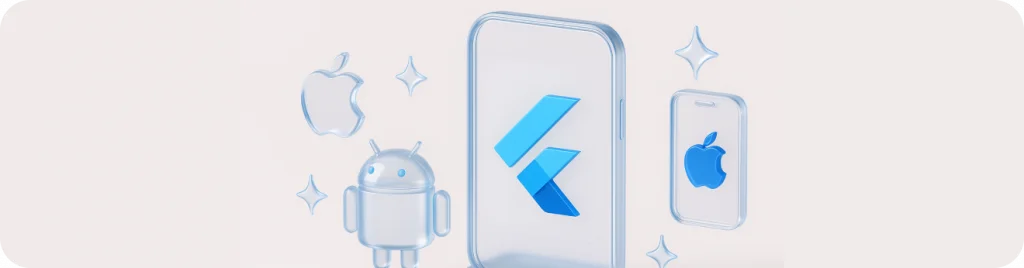 Смартфон с логотипом Flutter между значками Android и iOS