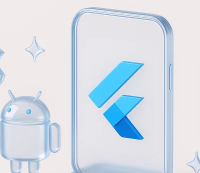 Смартфон с логотипом Flutter между значками Android и iOS