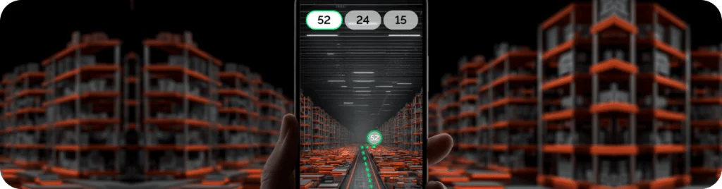 Augmented reality navigation in a smart warehouse: a phone screen shows a digital path guiding the user to shelf 52 among high-tech red and black storage racks. Навигация с дополненной реальностью в умном складе: на экране телефона отображается цифровой маршрут к полке 52 среди высокотехнологичных стеллажей красно-чёрного цвета.