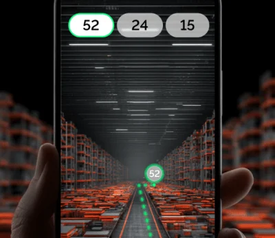 Augmented reality navigation in a smart warehouse: a phone screen shows a digital path guiding the user to shelf 52 among high-tech red and black storage racks. Навигация с дополненной реальностью в умном складе: на экране телефона отображается цифровой маршрут к полке 52 среди высокотехнологичных стеллажей красно-чёрного цвета.