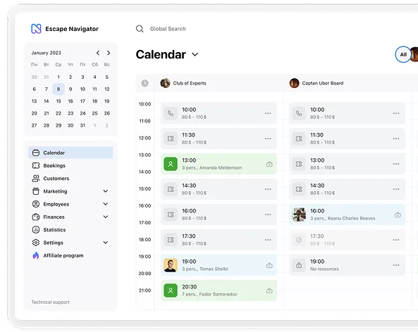 Интерфейс календаря в CRM Escape Navigator для управления бронированиями квест-комнат