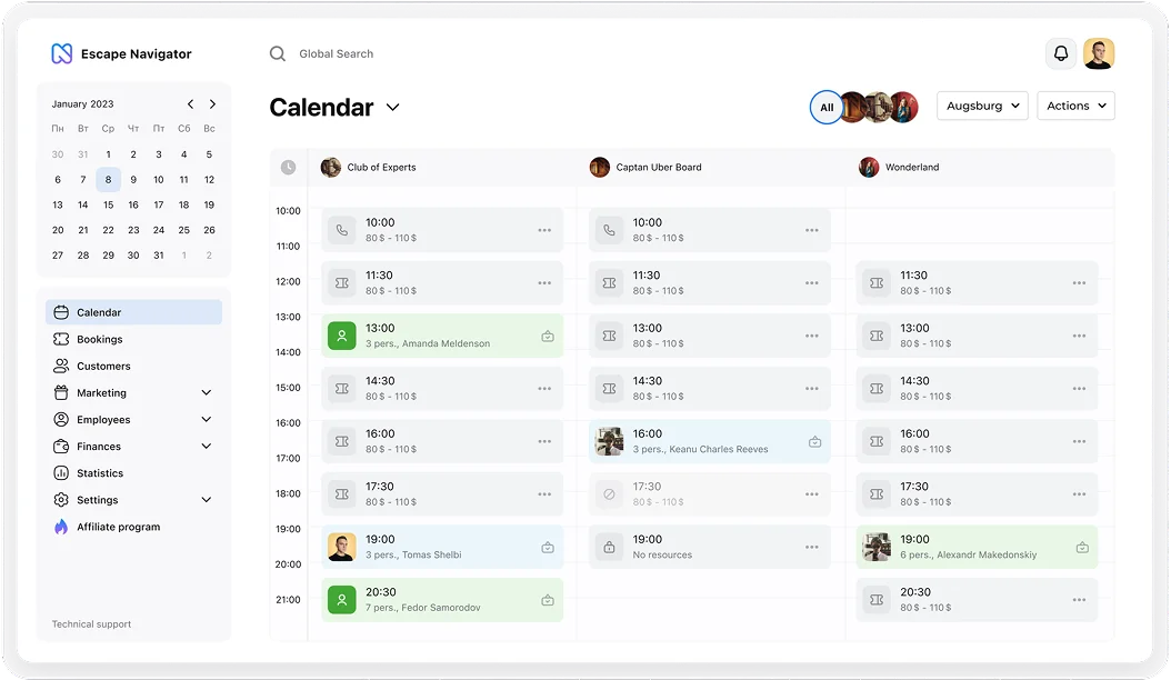 Календарь бронирований в CRM Escape Navigator
