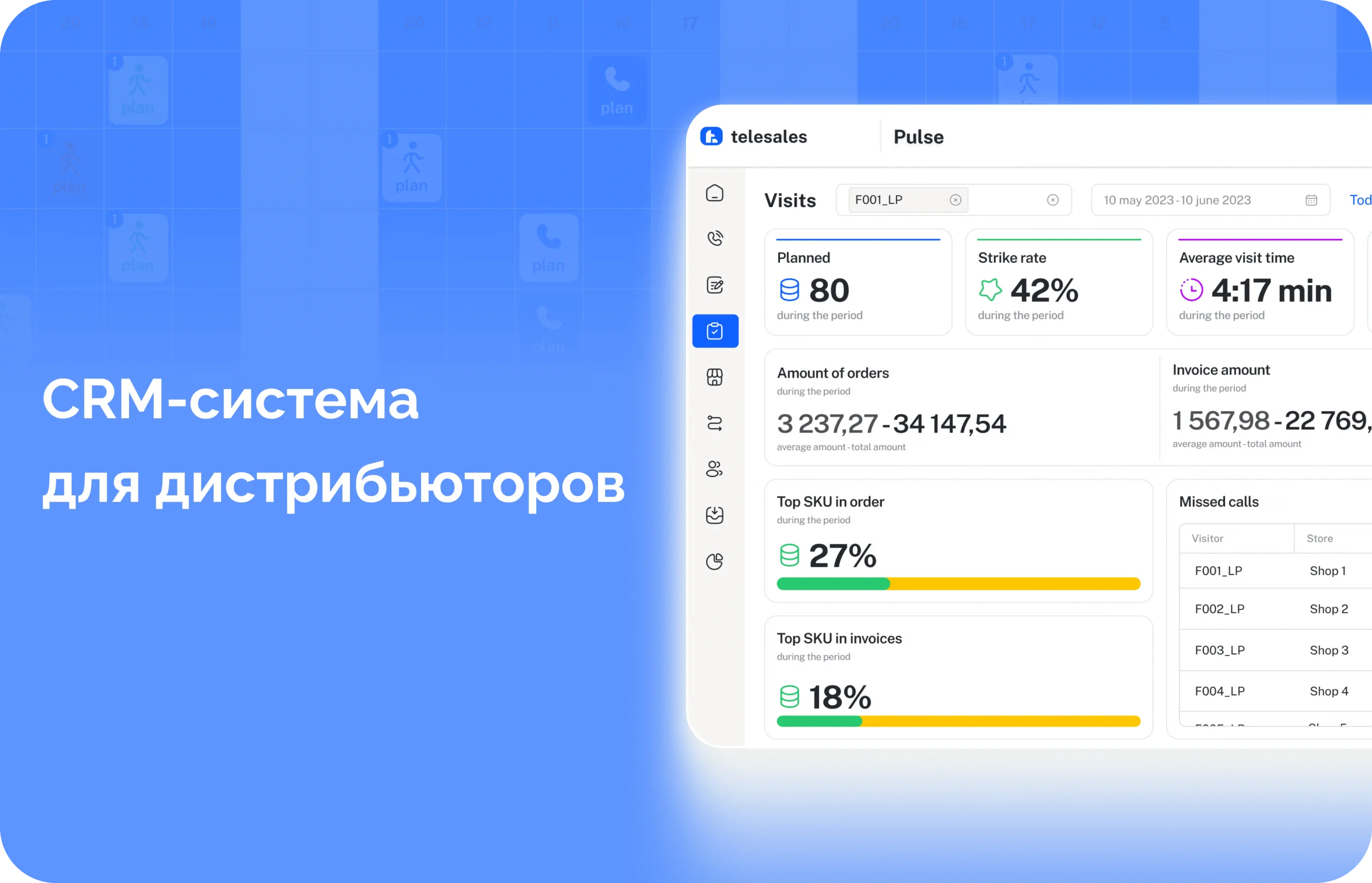 Дашборд CRM-системы для дистрибьюторов с показателями визитов