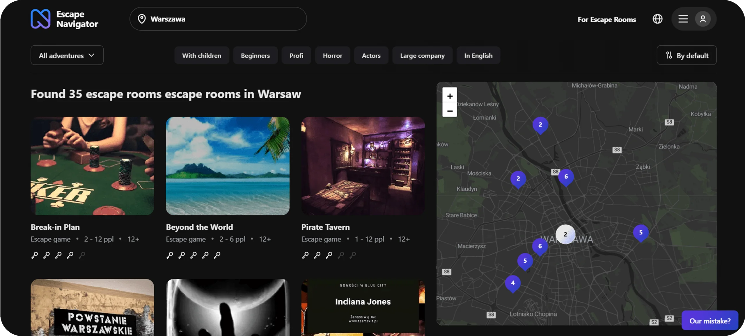 Каталог квестов Escape Navigator с картой площадок