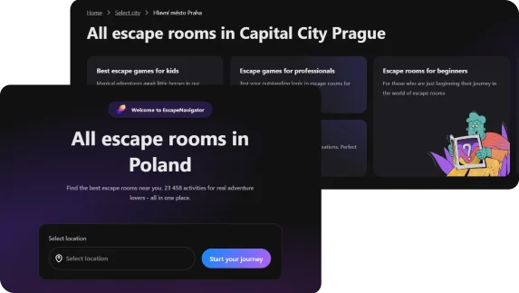 Экраны Escape Navigator: подборки квестов по уровню и городу