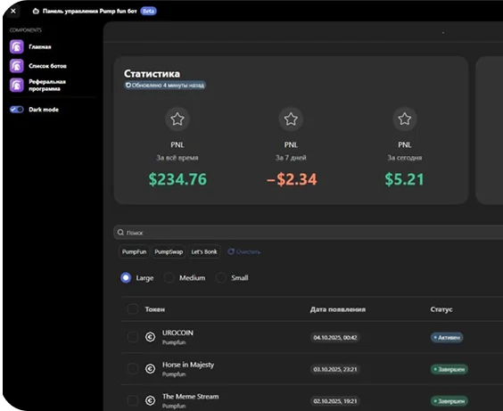 Интерфейс Sniper Bot: статистика PNL и список токенов
