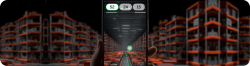 Augmented reality navigation in a smart warehouse: a phone screen shows a digital path guiding the user to shelf 52 among high-tech red and black storage racks. Навигация с дополненной реальностью в умном складе: на экране телефона отображается цифровой маршрут к полке 52 среди высокотехнологичных стеллажей красно-чёрного цвета.