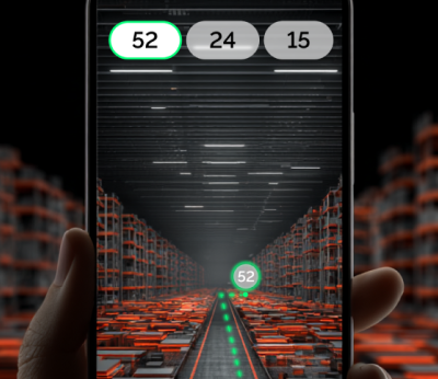 Augmented reality navigation in a smart warehouse: a phone screen shows a digital path guiding the user to shelf 52 among high-tech red and black storage racks. Навигация с дополненной реальностью в умном складе: на экране телефона отображается цифровой маршрут к полке 52 среди высокотехнологичных стеллажей красно-чёрного цвета.