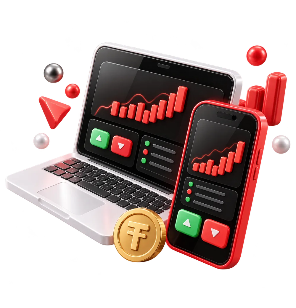 Ноутбук и смартфон с графиками сделок — P2P-биржа