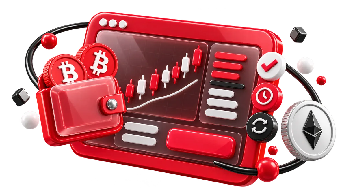 Торговый интерфейс криптобиржи: график, кошелёк, монеты BTC и ETH