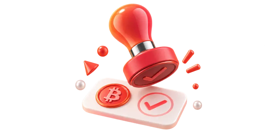 Штамп с галочкой над монетой Bitcoin — ручная проверка заявки