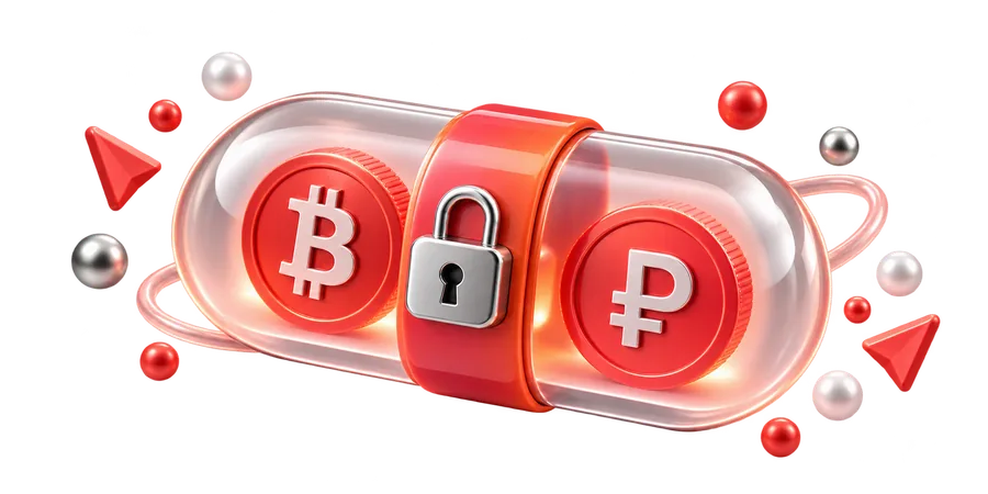 Капсула с замком между монетами Bitcoin и рубля — сделка P2P с гарантом